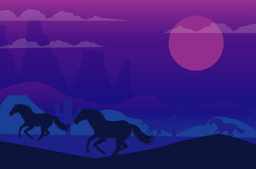 wild west night desert scene with horses running