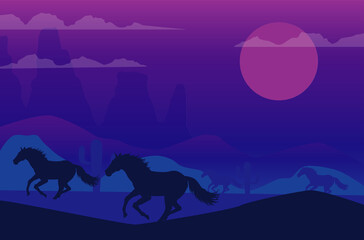 Naklejka premium wild west night desert scene with horses running