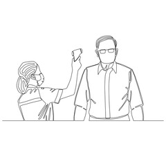 Continuous line of woman using infrared thermometer measuring Old man's temperature outline vector