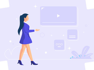 Business woman presenting in front of a screen. business person vector illustration.