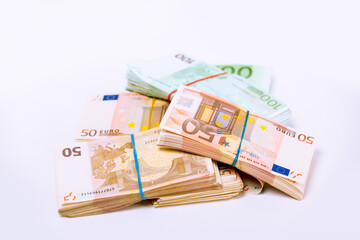 Euro. Money. Stack pile of European union currency bills, euro banknotes