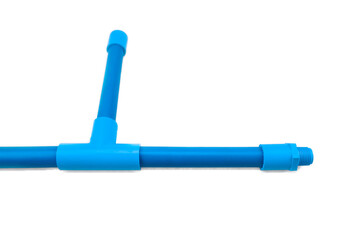 Blue PVC pipe set, separate on a white background, blue plastic water pipe, PVC accessories for plumbing work Plumber equipment Bend and connect the three-way plastic pipe to drain the waste water.