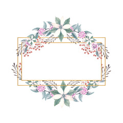 Winter watercolor in a gold rectangular frame with sprigs of snow berries and poinsettia flowers. Hand-drawn illustration. For invitations, greeting cards, prints, posters, advertising.