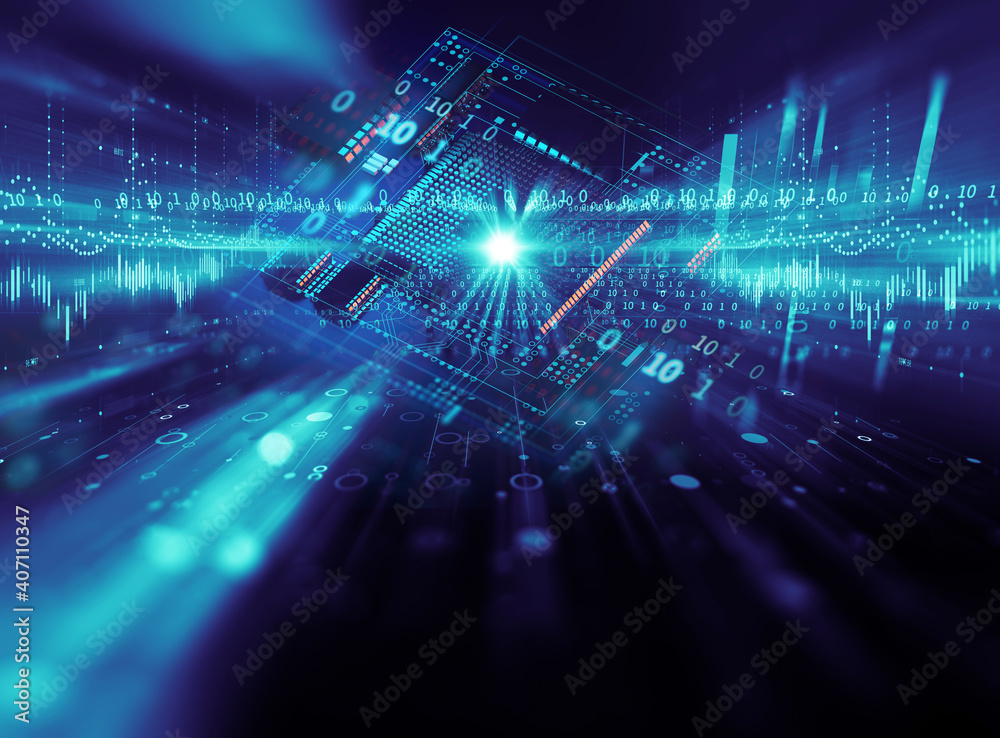 Aufkleber 3d rendering  of Abstract futuristic blue circuit board and cpu