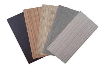 Textured wooden samples of laminated in different colours and texture isolated on white background with clipping path. wooden interior swatch samples.