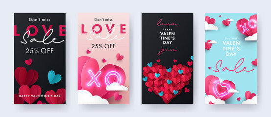 Set of Happy Valentine's Day vertical banners, Sale posters, cards or flyers with Origami Hearts in paper cut style. Design template for advertising, web, social media, stories templates - obrazy, fototapety, plakaty