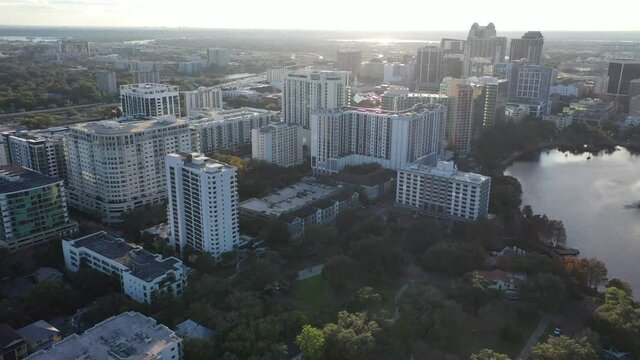 Orlando, Florida, USA - July 15, 2020 : Downtown Orlando; the historic core and central business district of Orlando, Florida. Shot during the COVID Pandemic in July, 2020.