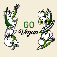 Naklejka premium go vegan lettering poster with healthy food