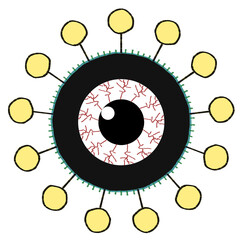 黄色い丸状の突起と充血した目玉のウイルスや病原体のイメージ素材