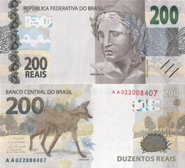 Banknote of two hundred reais. High resolution and detailed Brazilian currency note for use as texture.