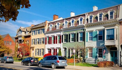 Cityscape of Geneva, New York. Historic row houses in downtown. Well maintained buildings with colorful paintings. A charming small town in America, has been on Playful City USA list.