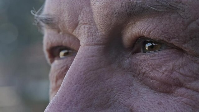 Eyes Of An Old Man Staring At Something With Wrinkles On His Face. - close up