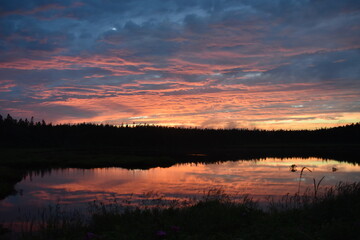 Obraz premium A beautiful sunset reflects in a pond outside of Acadia National Park in Maine.