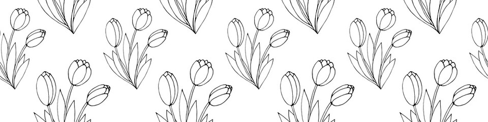 Vector seamless pattern with outline Bouquet of three flowers of tulips. Hand drawn doodle spring texture, background. For wrapping paper, coloring page, mother's or women's or Valentine's Day