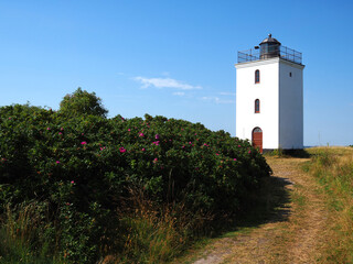 Fototapeta na wymiar Small lighthouse on the coast Baagoe Bågø Island Funen Denmark