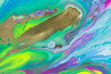 Neon colored marble pattern with golden glitter. Fluorescent liquid background. Artwork abstract bright texture.