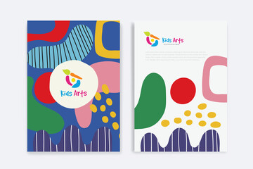 Kids Arts logo and stationery vector. Cute kids multi colored cover design for advertising brochure, Children pattern, kids menu, kindergarten poster, social media post, website background.