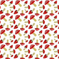 Pattern with red fly agaric. Vector illustration isolated on white background. Image for wrapping paper, textiles, fabric, scrapbooking and decor.