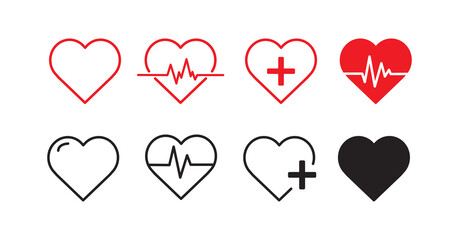 Set of heart icons. Red heartbeat line icons on white background. Pulse Rate Monitor. Vector illustration.