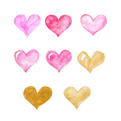 Watercolor illustration. Set of pink and gold hearts. Watercolor elements for holiday, design, Valentine's day, etc.