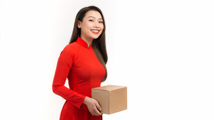 young woman holding red gift box in concept of happy lunar new year isolated on a white background