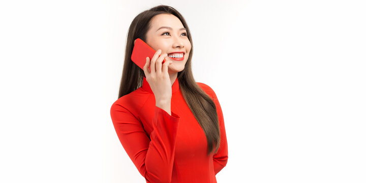 Beautiful Of Portrait Young Asian Woman Talk Smart Phone And Smile Standing On White Background