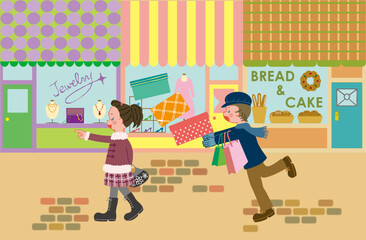 A girl and a boy are walking down a shopping street.