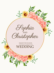wedding invitation card with flowers pink in golden circular frame