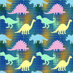 Seamless children's pattern with dinosaurs. Colorful cartoon dinosaurs on a bright background.
