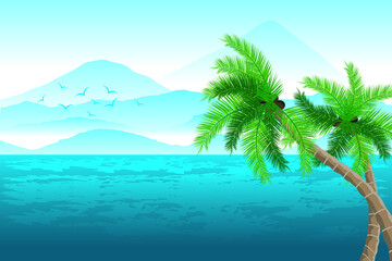 Plakat Sea and high mountains and fresh coconut trees