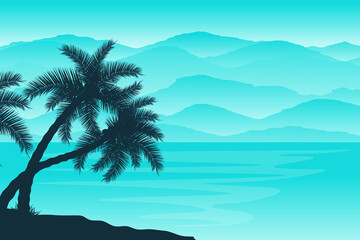 Fototapeta na wymiar Sea with views of mountains and coconut trees