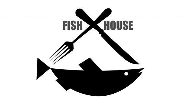 fish store logo with fish fork and knife. animation