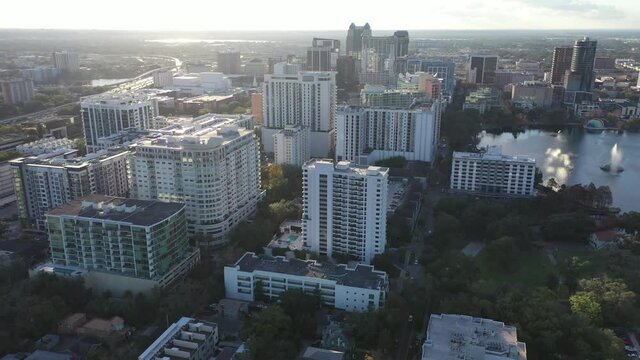 Orlando, Florida, USA - July 15, 2020 : Downtown Orlando; the historic core and central business district of Orlando, Florida. Shot during the COVID Pandemic in July, 2020.