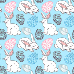 Cute hand drawn Easter seamless pattern with bunnies and easter eggs, beautiful background, great for Easter Cards, vector illustration