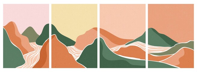 Fototapeta premium Mountain, forest, hill, wave, sun and moon on big set. Mid century modern minimalist art print. Abstract contemporary aesthetic backgrounds landscape. vector illustrations