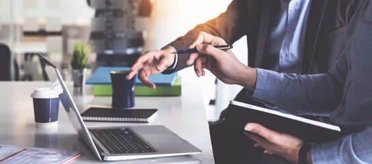 Group of Businessman and Accountant checking data document on digital tablet for investigation of corruption account . Anti Bribery concept.