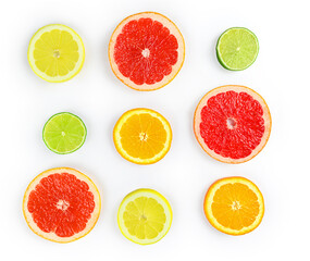 Square composition with citrus fruits, leaves and flowers on white background, isolated flat lay
