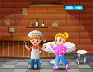 Little chef and girl in the cafe illustration