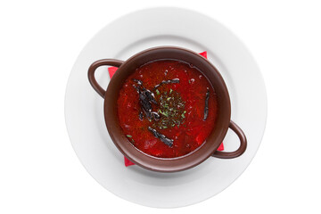 Restaurant service concept. Borsch, a traditional Russian dish. Close-up.
