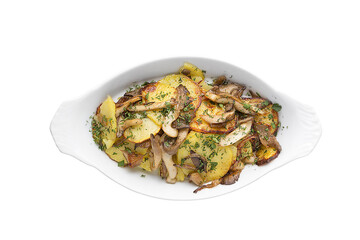Appetizing dish of fried potatoes with mushrooms. Restaurant service concept. Isolated.