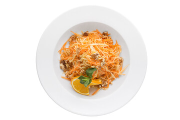 Light salad with fresh herbs and mild sauce. Restaurant service concept. Isolated.