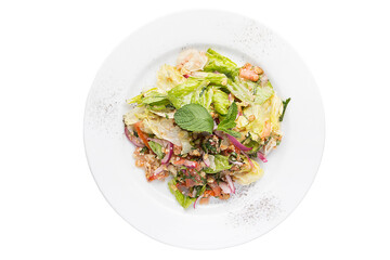 Light salad with fresh herbs and mild sauce. Restaurant service concept. Isolated.