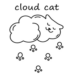 Hand draw cute cloudy cat in doodle style. Kitten in the form of a cloud and snowflake paws. Inspirational vector design for t-shirts, postcard, stickers. Black outlines isolated on a white background