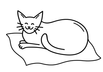 Hand draw cute smiling cat lies on a blanket. Satisfied cat in doodle style. Sleeping pet. Black outlines isolated on a white background. Design for postcard, stickers, booklets. Vector illustration.