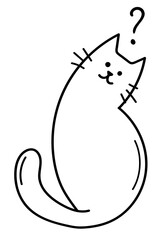 Hand draw cute Interrogative Сat in doodle style. The cat sits with his head to one side. Question mark. A sketch of a sitting domestic cat. Black outlines isolated on a white background. 