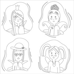 Сute coloring with Little fairies in children's drawing style. Cartoon girls with wings for coloring book pages. Colorless set about little fairies. Black lines isolated on a white background. Vector.