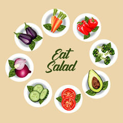 eat salad lettering poster with vegetables in dishes around