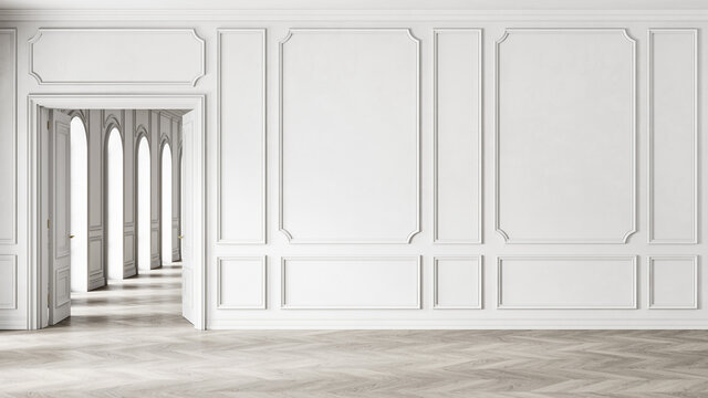 Classic white empty interior with wall panels, open door and wooden floor.