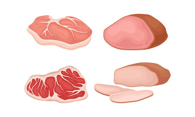 Beef Steak and Ham as Meat Product for Cooking and Eating Vector Set