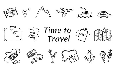 Time to travel elements in a hand drawn doodle style. Vector set of vacation and travel symbols. Sketch line art. Black outlines isolated on a white background. Summer Adventure Icons.